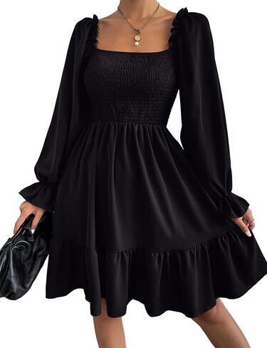 Ekaliy Women's Square Neck Puff Sleeve Dress Smocked Casual A Line Swing Flowy Ruffle Hem Babydoll Mini Dress in Kuwait