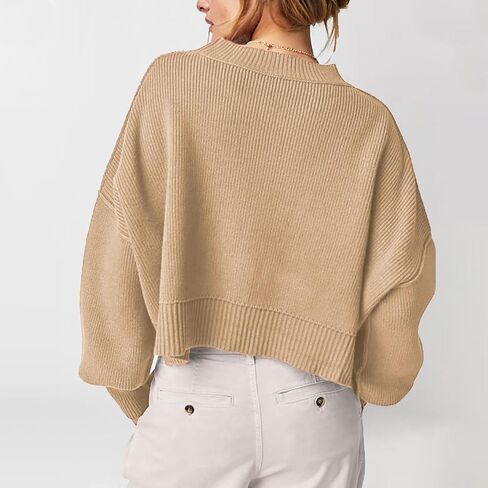 Women's Oversized Sweaters Lantern Sleeve Ribbed Mock Neck Jumper Tops Chunky Knit Pullover Sweater… in Saudi Arabia
