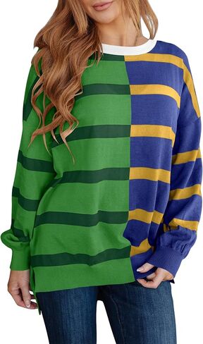 Women's Striped Pullover Sweater Crew Neck Long Sleeve Knitted Color Block Casual Loose Lightweight Sweater for Women in Kuwait