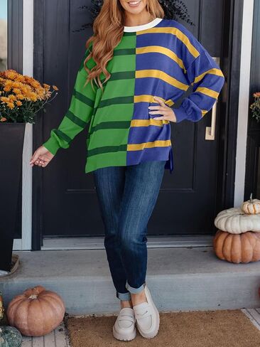 Women's Striped Pullover Sweater Crew Neck Long Sleeve Knitted Color Block Casual Loose Lightweight Sweater for Women in Kuwait