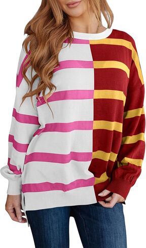 Women's Striped Pullover Sweater Crew Neck Long Sleeve Knitted Color Block Casual Loose Lightweight Sweater for Women in Kuwait