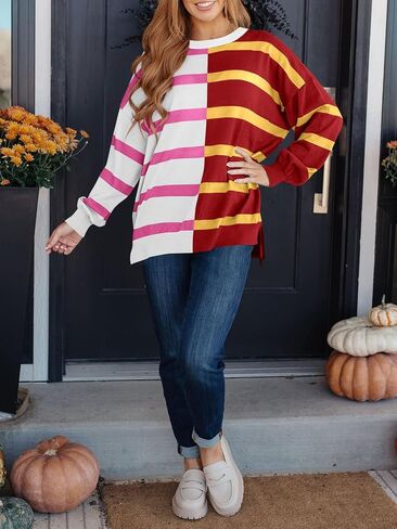 Women's Striped Pullover Sweater Crew Neck Long Sleeve Knitted Color Block Casual Loose Lightweight Sweater for Women in Kuwait