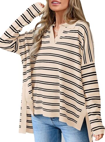MASCOMODA Womens Sweaters Fall 2024 Oversized Striped Sweater Long Sleeve Polo V Neck Loose Side Slit Knitted Tunic Tops in Kuwait