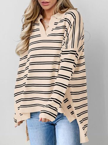 MASCOMODA Womens Sweaters Fall 2024 Oversized Striped Sweater Long Sleeve Polo V Neck Loose Side Slit Knitted Tunic Tops in Kuwait