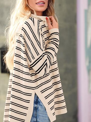 MASCOMODA Womens Sweaters Fall 2024 Oversized Striped Sweater Long Sleeve Polo V Neck Loose Side Slit Knitted Tunic Tops in Kuwait