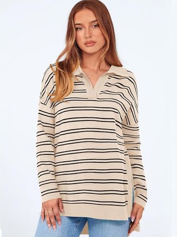 MASCOMODA Womens Sweaters Fall 2024 Oversized Striped Sweater Long Sleeve Polo V Neck Loose Side Slit Knitted Tunic Tops in Kuwait