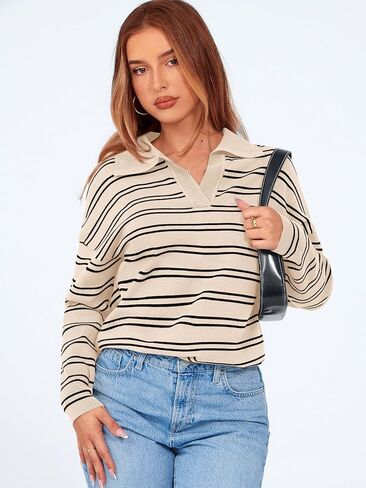 MASCOMODA Womens Sweaters Fall 2024 Oversized Striped Sweater Long Sleeve Polo V Neck Loose Side Slit Knitted Tunic Tops in Kuwait