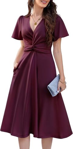 DRESSTELLS Women's Cocktail Dress with Pockets 2025, Twist Knot Ruched Wrap Dresses, V Neck & Bow Tie in Saudi Arabia