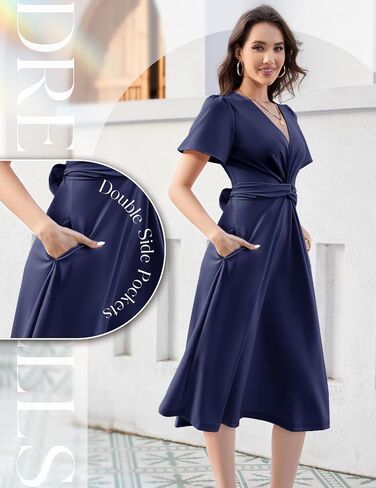 DRESSTELLS Women's Cocktail Dress with Pockets 2025, Twist Knot Ruched Wrap Dresses, V Neck & Bow Tie in Saudi Arabia
