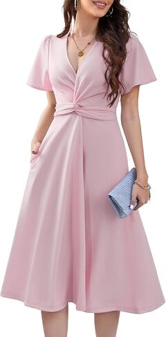 DRESSTELLS Women's Cocktail Dress with Pockets 2025, Twist Knot Ruched Wrap Dresses, V Neck & Bow Tie in Kuwait