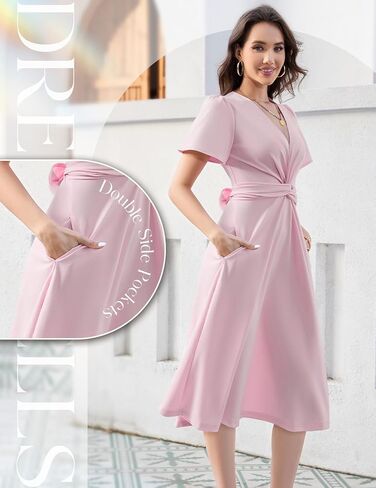 DRESSTELLS Women's Cocktail Dress with Pockets 2025, Twist Knot Ruched Wrap Dresses, V Neck & Bow Tie in Kuwait