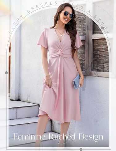 DRESSTELLS Women's Cocktail Dress with Pockets 2025, Twist Knot Ruched Wrap Dresses, V Neck & Bow Tie in Kuwait
