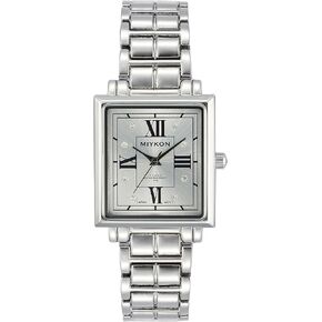 Miykon Chic Genuine Crystal Bracelet Silver Watches for Women - 100ft Water Resistant 28mm Ion-Polished Womens Watch - Elegant Christmas Gifts for Women