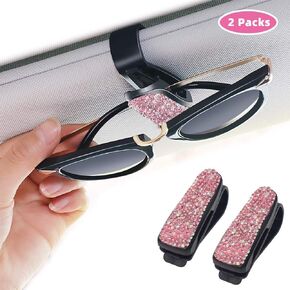 Glasses Holders for Car Sun Visor 2 Pack, Bling Bling Diamond Sunglasses Eyeglasses Mount with Ticket Card Clip (Pink)