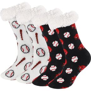 Foaincore 2 Pairs Baseball Fuzzy Socks Softball Slipper Socks Christmas Non Slip Socks Winter Fleece Lined Cozy Thick Thermal Christmas Socks for Women Men Gift Indoor