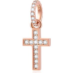 Rose Gold Sparkling Cross Charms fit Pandora Bracelet Necklace, Pave CZ Faith Cross Pendant Christian Beads in 925 Sterling Silver, Gifts for God Mom/Goddaughter/Friends