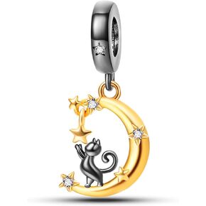 925 Sterling Silver Charms Beads for Bracelets & Necklaces, Black Cat Shaped Cute Crescent Moon Charm Birthday Gifts Pendant Jewelry for Women Men