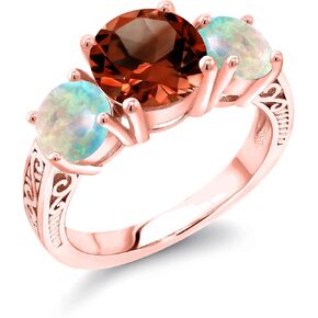 Gem Stone King 4.50 Ct Round Red Garnet White Simulated Opal 18K Rose Gold Plated Silver Ring