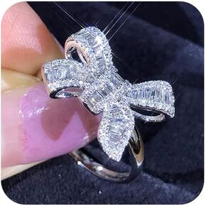 18k Platinum Plated Shiny Cubic Zirconia Crystal Bow-Knot Engagement Wedding Ring