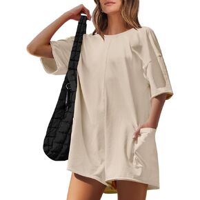 Caracilia Women's Oversized Tshirt Rompers Casual Short Sleeve Athletic Workout Overall Jumpsuit Summer One Piece Tee Romper
