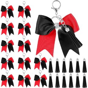 12 Set Cheer Bow Keychain Bulk with Tassel Glitter Rhinestone Cheerleader Keyring for Girls Teen Christmas Gift Cheerleading Sport Accessory Team Competition, Red and Black