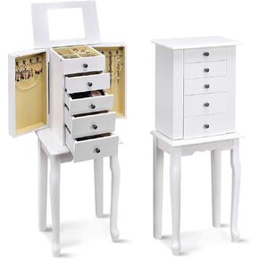 Byroce Jewelry Armoire Cabinet with Flip Top Mirror, Jewelry Organizer Box with 5 Drawers, 2 Swing Doors & 8 Necklace Hooks, Standing Jewelry Storage Chest for Girls, Women (White)