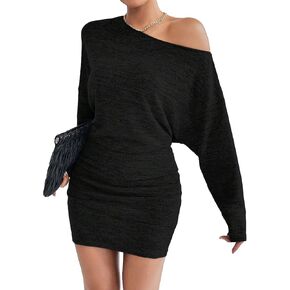 WDIRARA Women's One Shoulder Ruched Long Sleeve Asymmetrical Bodycon Dress