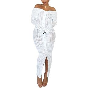 SHINFY Womens Sexy Maxi Dress Off Shoulder See Through Long Sleeve Split Bodycon Cocktail Club Dress
