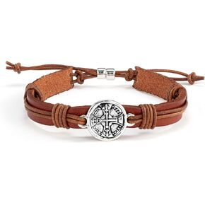 DEMDACO Round Cross Charm, Brown/Silver Tone 8.5 Inch Leather/Metal Men's Everyday Fashion Bracelet