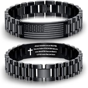 P.BLAKE American Flag Bible Verse Bracelet for Men Boys, Stainless Steel Straps Watch Band Link Bracelet Engraved Christian Jewelry Gifts for Dad Son Husband Boyfriend