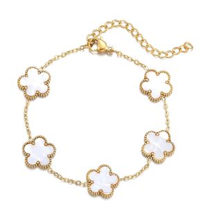RWQIAN 18K Gold Plated Five Leaf Lucky Clover Bracelets for Women,White/Black/Red/Green/Blue/Pink Clover Link Flower Charm Bracelets,Adjustable Clover Bracelet Chain Jewelry Gifts Trendy for Birthday