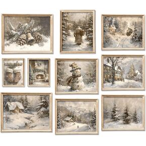 FYSUIMU 10Pcs Vintage Winter Christmas Wall Art Print Retro Warm Landscape Art Poster Rustic Snowy Village Wall Decor for Gallery Living Room Bedroom (Unframed)