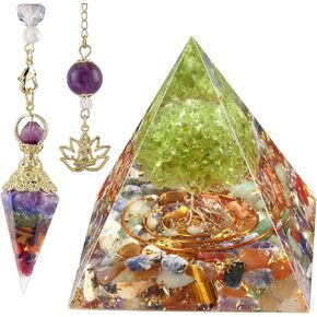 SUNYIK Orgone Pyramid & Orgone Pendulum Set, Tree of Life Orgonite Energy Generator & Orgone Crystal Points Pendulum for Divination Meditation Chakra Balancing, Amethyst