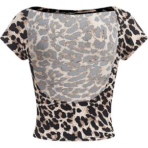 WDIRARA Girl's Leopard Print Tee Y2K Backless T Shirts Short Sleeve Crew Neck Crop Tops