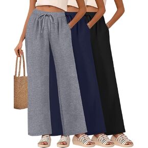 3 Pack Women's Lounge Pants with Pockets Casual Wide Leg Drawstring Yoga Pants Straight Trousers Fall Bottoms
