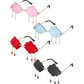 Weewooday 4 Pairs Cloud Sunglasses Raindrop Rimless Cute Sunglasses Funny Heart Flame Shaped Disco Glasses for Women Men