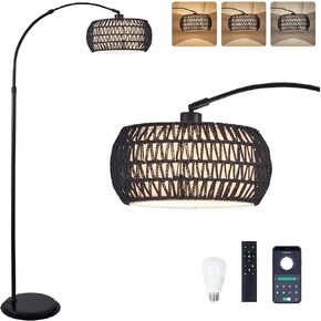 Arc Floor Lamp with Remote App Control Natural Rattan 100% Hand-Woven Dimmable Boho Rattan Floor Lamps with 3 Color Temperature Floor Lamps for Living Room Bedroom Offices(Black)