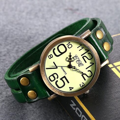 ساعة يد Lancardo Vintage للسيدات بعلامات عربية كبيرة متعددة الطبقات من الجلد وسوار من الجلد باللون الأسود والأخضر والبرتقالي in Kuwait