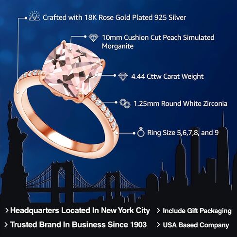 Gem Stone King 18K Rose Gold Plated Silver 10MM Cushion Gemstone Birthstone Engagement Ring | Wedding Anniversary Promise Ring For Women | Available In Size 5, 6, 7, 8, 9 in Saudi Arabia