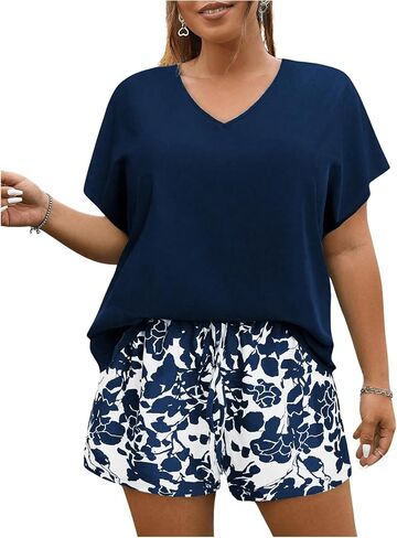Women's Plus Size 2 Piece Outfits Dolman Short Sleeve Tee Top and Floral Print Shorts Set in Saudi Arabia