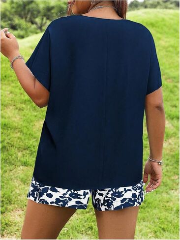 Women's Plus Size 2 Piece Outfits Dolman Short Sleeve Tee Top and Floral Print Shorts Set in Saudi Arabia