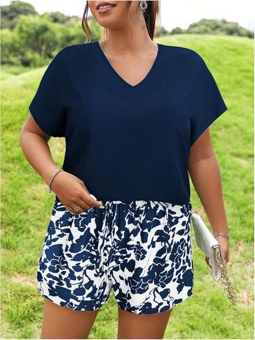 Women's Plus Size 2 Piece Outfits Dolman Short Sleeve Tee Top and Floral Print Shorts Set in Saudi Arabia