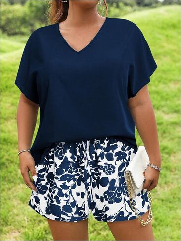 Women's Plus Size 2 Piece Outfits Dolman Short Sleeve Tee Top and Floral Print Shorts Set in Saudi Arabia