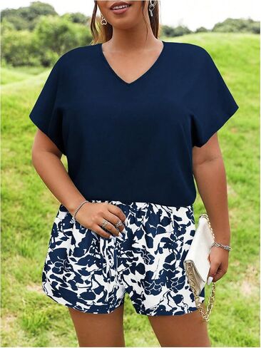Women's Plus Size 2 Piece Outfits Dolman Short Sleeve Tee Top and Floral Print Shorts Set in Saudi Arabia