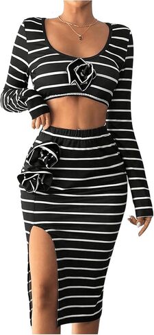 GORGLITTER Women's 2 Piece Sexy Striped Deep V Neck Crop Tee Top Split Thigh Skirts Floral Decor Outfit in Saudi Arabia