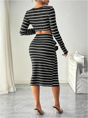GORGLITTER Women's 2 Piece Sexy Striped Deep V Neck Crop Tee Top Split Thigh Skirts Floral Decor Outfit in Saudi Arabia