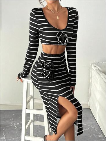 GORGLITTER Women's 2 Piece Sexy Striped Deep V Neck Crop Tee Top Split Thigh Skirts Floral Decor Outfit in Saudi Arabia