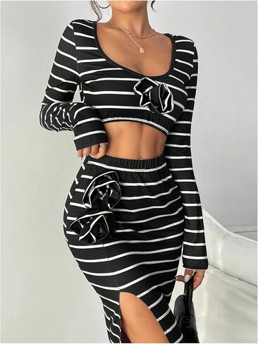 GORGLITTER Women's 2 Piece Sexy Striped Deep V Neck Crop Tee Top Split Thigh Skirts Floral Decor Outfit in Saudi Arabia