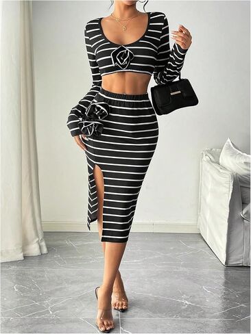 GORGLITTER Women's 2 Piece Sexy Striped Deep V Neck Crop Tee Top Split Thigh Skirts Floral Decor Outfit in Saudi Arabia