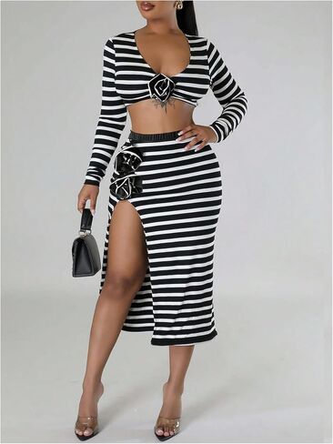 GORGLITTER Women's 2 Piece Sexy Striped Deep V Neck Crop Tee Top Split Thigh Skirts Floral Decor Outfit in Saudi Arabia